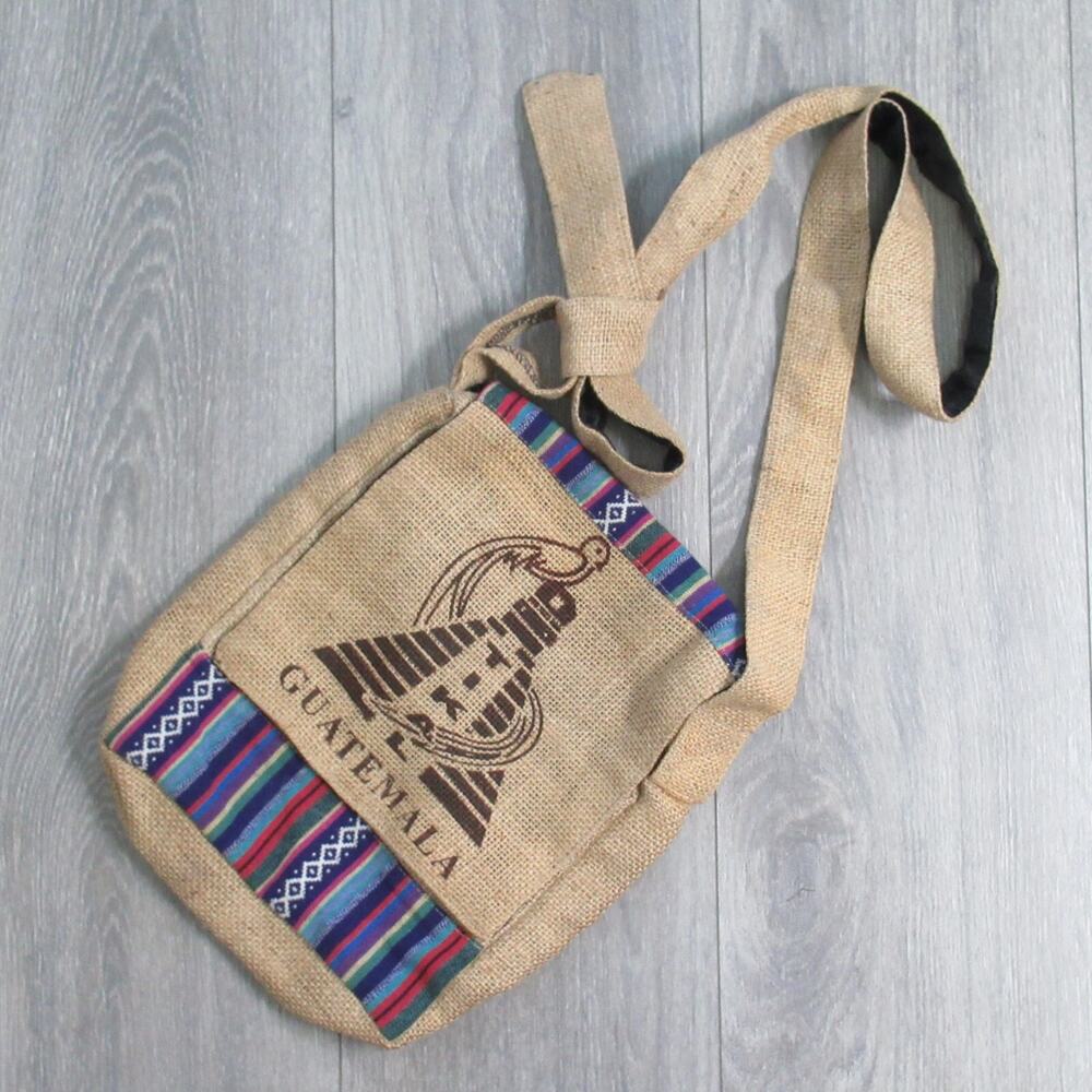 Guatemala Burlap Crossbody Handbag Natural Tan Graphic Lined Adj